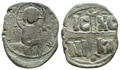ANONYMOUS FOLLES. Class B. Attributed to Romanus III (1028-1034). Obv: + EMMA NOVHΛ / IC - XC. Bust of Christ facing, holding book of Gospels and wear...