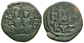 Justin II AD 565-578. Dated year 10 (AD 574/5). Cyzicus.Follis Æ D N IVSTINVS P P A, Justin on left, Sophia on right, seated facing on double-throne, ...