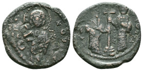 CONSTANTINE X DUCAS with EUDOCIA (1059-1067). Follis. Constantinople. Obv: + ЄMMANOVHΛ / IC - XC. Christ Pantokrator standing facing on footstool. Rev...