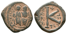 Justin II Æ Nummi. Thessalonica, AD 565-578. Justin, holding globus cruciger, and Sophia, holding cruciform sceptre, both nimbate, enthroned facing / ...