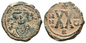 BYZANTINE EMPIRE. Tiberius II, Constantine, 578-582 AD. Æ Half Follis of Antioch, yr. 8. Crowned bust facing / Large XX. "Repatinated" Reference : Con...