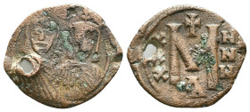 Leo V the Armenian, with Constantine, (813-820 AD) Constantinople AE Follis Obv: LEON S C-ONST' Facing busts of Leo V, with short beard, wearing chlam...