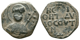 Antioch, Tancred, Æ Follis, first type, facing bust of St Peter (patron saint of Antioch), right hand raised in benediction, in left field Ο / ΠΕ, rev...