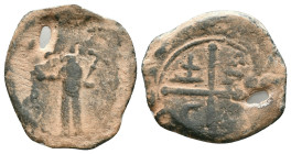 Antioch. Tancred. Regent, 1101-1112. Æ Follis . Second type. Facing armored bust, holding upraised sword; cross of four pellets above / Cross with fle...
