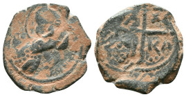 Antioch. Tancred. Regent, 1101-1112. Æ Follis . Second type. Facing armored bust, holding upraised sword; cross of four pellets above / Cross with fle...