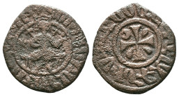 Armenia, Cilician Armenia. Hetoum I (1226-1270). Æ Tank. Hetoum seated facing on throne decorated with lions, holding lis-tipped scepter and globus cr...
