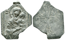 Lead pilgrimage token or religious medallion, likely from the Byzantine period, dated approximately to the 11th–13th century AD.The image prominently ...