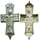 Byzantine bronze enkolpion cross reliquary pendant, likely dating from the 10th to 12th century AD. The cross is hinged, indicating it could open to h...