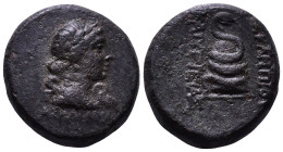 MYSIA. Pergamon. 133-30 BC. Asklepiades, magistrate. Obv: AΣKΛHΠIAΔOY. Laureate bust of Hygieia right, surrounded by serpents. Rev: AΣKΛHΠIOY KAI YΓIH...