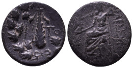 CILICIA. Tarsos. 164-27 BC. Obv: Filleted club; monogram to left and right; all within oak wreath. Rev: TAPCЄΩN Zeus seated left on throne, holding cr...
