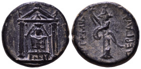 PAMPHYLIA. Perge. 3rd century BC. Obv: Cult statue of Artemis Pergaion within distyle temple with eagle in pediment. Rev: ΑΡΤΕΜΙΔOΣ ΠΕΡΓΑΙΑΣ. Bow and ...