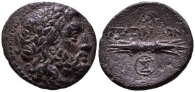 SYRIA. Seleucis and Pieria. Seleucia Pieria. 2nd century BC. Obv: Laureate head of Zeus right. Rev: ΣEΛEYKEΩN. Thunderbolt; monogram within circle bel...