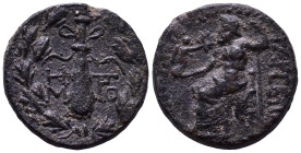 CILICIA. Tarsos. 164-27 BC. Obv: Filleted club; monogram to left and right; all within oak wreath. Rev: TAPCЄΩN Zeus seated left on throne, holding cr...