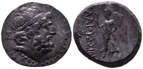 CILICIA. Elaioussa Sebaste. 1st century BC. Obv: Head of Zeus right, wearing taenia; monogram behind. Rev: EΛAIOYΣΣIΩN. Nike avdancing left, holding w...