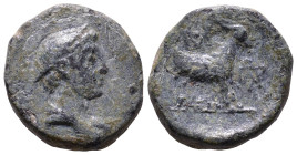 AEOLIS. Aigai. 2nd-1st century BC. Obv: Draped bust of Hermes right, wearing petasos. Rev: AIΓAEΩN. Forepart of goat right; monogram to left and right...