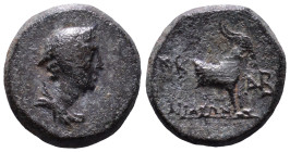 AEOLIS. Aigai. 2nd-1st century BC. Obv: Draped bust of Hermes right, wearing petasos. Rev: AIΓAEΩN. Forepart of goat right; monogram to left and right...