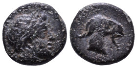 AEOLIS. Aigai. Circa 4th-3rd centuries BC. Obv: Laureate head of Apollo right. Rev: Head of goat right. Æ 10mm, 1,06g
