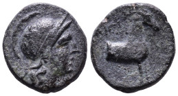 AEOLIS. Aigai. 2nd - 1st centuries BC. Obv: Helmeted head of Athena to right. Rev: Forepart of goat to right; AIΓAE above. Æ 13mm, 1,93g