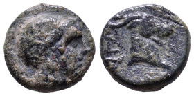 AEOLIS. Aigai. Circa 4th-3rd centuries BC. Obv: Laureate head of Apollo to right. Rev: Head and neck of a goat to right, AIΓAI behind. Æ 9mm, 0,91g