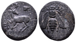 IONIA. Ephesos. Circa 390-300 BC. Uncertain, magistrate. Obv: Ε - Φ Bee. Rev: Magistrates name. Stag kneeling left, head right; astragalos above. Æ 14...