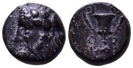 LYDIA, Uncertain. 4th century BC. Obv: Wreathed head of Dionysos left. Rev: Kantharos; F (in Lydian) and S (in Lydian) flanking. Æ 10mm, 1,77g