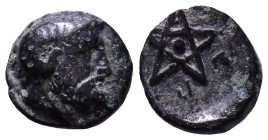 MYSIA. Pitane. Circa 4th-3rd centuries BC. Obv: Head of Zeus Ammon right. Rev: ΠΙΤΑ Pentagram with pellet at centre. Æ 8mm, 0,48g