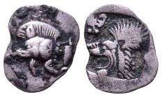 MYSIA. Kyzikos. Circa 450-400 BC. Obv: Forepart of boar to left; tunny upward to right. Rev: Head of a lion left; to upper left, head of panther facin...