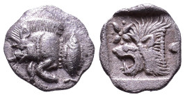 MYSIA. Kyzikos. Circa 450-400 BC. Obv: Forepart of boar to left; tunny upward to right. Rev: Head of a lion left; to upper left, star; all within an i...