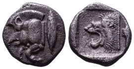 MYSIA. Kyzikos. Circa 450-400 BC. Obv: Forepart of boar to left; tunny upward to right. Rev: Head of a lion left; all within an incuse square. AR 10mm...