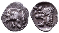 MYSIA. Kyzikos. Circa 450-400 BC. Obv: Forepart of boar to left; tunny upward to right. Rev: Head of a lion left; to upper left, star; all within an i...