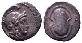 CILICIA. Tarsos. Balakros. Satrap of Cilicia, 333-323 BC. Obv: Helmeted head of Athena right. Rev: Shield; A to right. AR 10mm, 0,67g