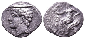 CILICIA. Uncertain mint circa 400-300 BC. Obv: Head of Hermes wearing petasos to left. Obv: Aphrodite, holding flower, seated to left on throne decora...
