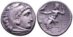 KINGS of MACEDON. Alexander III 'the Great'. 336-323 BC. AR Drachm. Kolophon. Obv: Head of Herakles right, wearing lion skin. Rev: AΛΕΞΑΝΔΡΟΥ Zeus sea...