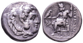 Uncertain AR Drachm. Obv: Head of Herakles to right, wearing lion skin headdress. Rev: ΑΛΕΞΑΝΔΡΟΥ Zeus Aëtophoros seated left, legs crossed; monogram ...