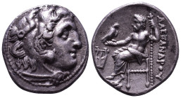 KINGS of MACEDON. Alexander III 'the Great'. 336-323 BC. AR Drachm. Kolophon. Obv: Head of Herakles right, wearing lion skin. Rev: AΛΕΞΑΝΔΡΟΥ Zeus sea...