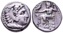 Uncertain AR Drachm. Obv: Head of Herakles to right, wearing lion skin headdress. Rev: ΑΛΕΞΑΝΔΡΟΥ Zeus Aëtophoros seated left, legs crossed; monogram ...