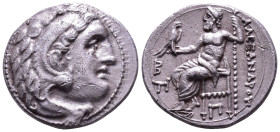 KINGS of MACEDON. Alexander III 'the Great'. 336-323 BC. AR Drachm. Kolophon. Obv: Head of Herakles right, wearing lion skin. Rev: AΛΕΞΑΝΔΡΟΥ Zeus sea...