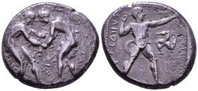 PAMPHYLIA. Aspendos. AR Stater. Circa 420-370 BC. Obv: Two wrestlers grappling. Rev: EΣTFEΔIIYΣ Slinger in throwing stance right; to right triskeles. ...