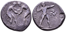 PAMPHYLIA. Aspendos. AR Stater. Circa 420-370 BC. Obv: Two wrestlers grappling. Rev: EΣTFEΔIIYΣ Slinger in throwing stance right; to right triskeles. ...