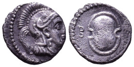 CILICIA. Tarsos. Balakros. Satrap of Cilicia, 333-323 BC. Obv: Helmeted head of Athena right. Rev: Shield; B to left. AR 10mm, 0,65g