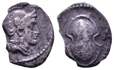 CILICIA. Tarsos. Balakros. Satrap of Cilicia, 333-323 BC. Obv: Helmeted head of Athena right. Rev: Shield; A to right. AR 11mm, 0,52g