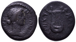 AEOLIS. Myrina. Pseudo-autonomous issue. Antonine era, 138-192 AD. Fl. Kalli., strategos. Obv: ΜVΡΙΝΑΙΩΝ, laureate-headed and draped bust of Apollo ri...