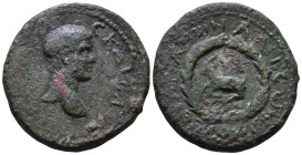 CILICIA. Aegeae. Geta, 198-211. Obv: Π ϹΕ ΓΕΤΑϹ ΚΑΙϹΑΡ Bare head of Geta, right. Rev: ϹΕΥΗΡΙΑΝωΝ Α ΑΙΓΕωΝ, ΖΜϹ? Wreath enclosing goat kneeling left. Æ...