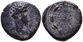COMMAGENE. Zeugma. Lucius Verus, 161-169. Obv: ΑΥΤ Κ Λ ΑΥΡ[Η?] ΟΥΗΡΟΝ Laureate head of Lucius Verus, right. Rev: ΖƐΥΓΜΑΤƐωΝ, Δ below; all within laure...