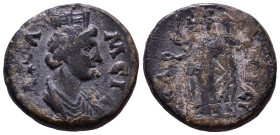 PHRYGIA. Apameia. Pseudo-autonomous issue, 200-300. Obv: AΠAMEIA Turreted and draped bust of the Tyche of Apameia to right. Rev: CΩTEIPA, triple-bodie...