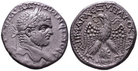 SYRIA. Seleucis and Pieria. Emesa. Caracalla, 198-217. Billon Tetradrachm. Obv: AVT K M ANTΩNЄINOC CЄB Laureate head right. Rev: ΔHMAPX ЄΞ VΠATOC TO Δ...
