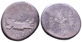 MARK ANTONY. 32-31 BC. AR Denarius. Patrae(?). Legionary issue. Obv: ANT AVG III VIR R P C Galley right. Rev: LEG XV Aquila right between two signa. 1...