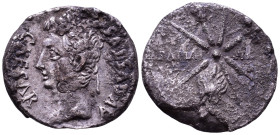 AUGUSTUS. 27 BC-14 AD. AR Denarius. Uncertain mint in Spain (Colonia Patricia?), circa 19-18 BC. Obv: CAESAR AVGVSTVS Head of Augustus to left, wearin...