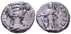 Julia Domna. Augusta, 193-211. AR Denarius. Laodicea ad Mare. Obv: IVLIA AVGVSTA Draped bust right. Rev: IVNO REGINA Diademed and veiled Juno standing...
