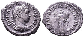 Elagabalus, 218-222. AR Denarius. Rome. Obv: IMP ANTONINVS AVG Laureate and draped bust right. Rev: TEMPORVM FELICITAS Felicitas standing left, holdin...